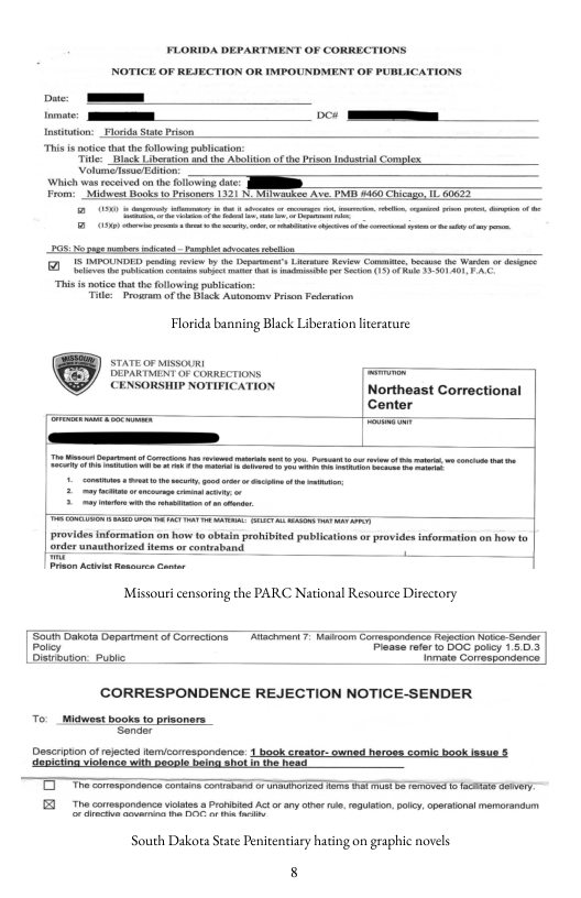 FLORIDA DEPARTMENT OF CORRECTIONS  “This i ot thtthe ollowing poblcation Tl Black Liberuan nd te Aboltion of the Priso Industisl Complx  Which wa recsived o th flowing date From: Mt kst Pisoners 1121 1. Meettes Ave. PIE 460 Chicage, I G022  IS IMPOUNDED peimg v by e Depamens L R G e b W G e A T o an ¥  i i ot that the fllowin publcain: ke Prosram of he iack Amtonery Prison Pedersion  Florida banning Black Liberation literature  CENSORSHIP NOTIFICATION Northeast Correctional Center [ e 1  provides information on how t obtan prohibited publications o provides information on how o Order unauthorized tems or comeaband  Missour censoring the PARC National Resource Diecory,  Paicy Proase rter i Dlsrbuion: publc oo Conespondance  Lsem kot Dapariment of Caracions  Ascmart 7 Wakoam Catesoondn Rl Noks Sarr  CORRESPONDENCE REJECTION NOTICE-SENDER  To._Midwest books to prisoners Sander  Descrption ofrjeced lamicorrespondence: 1 book creator: owned heroes comic book Issue § ‘depicting iolance with Deogie being shot in the fead  T e corospondones o conab o S s a5 e o e ey 0 T coespondanc it it At ay e e, g, ey, cprsioalmerorands  South Dakota State Penitentiary hating on graphic novels  8 